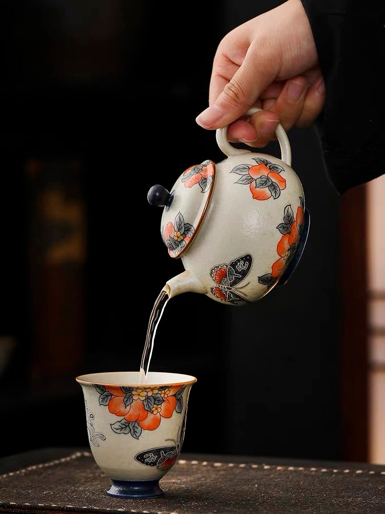 Bluestone glazed peach teapot retro ceramic single pot