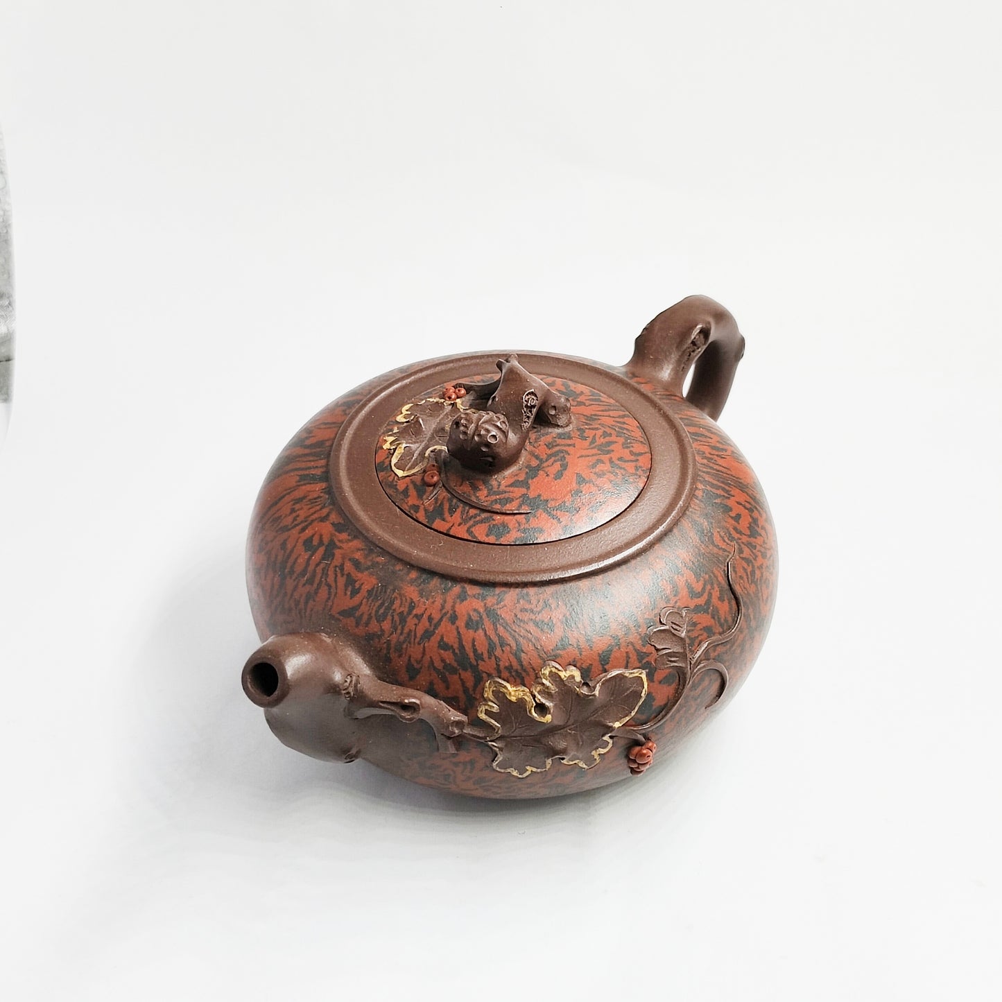 Squirrel and Grape Carved Clay Teapot