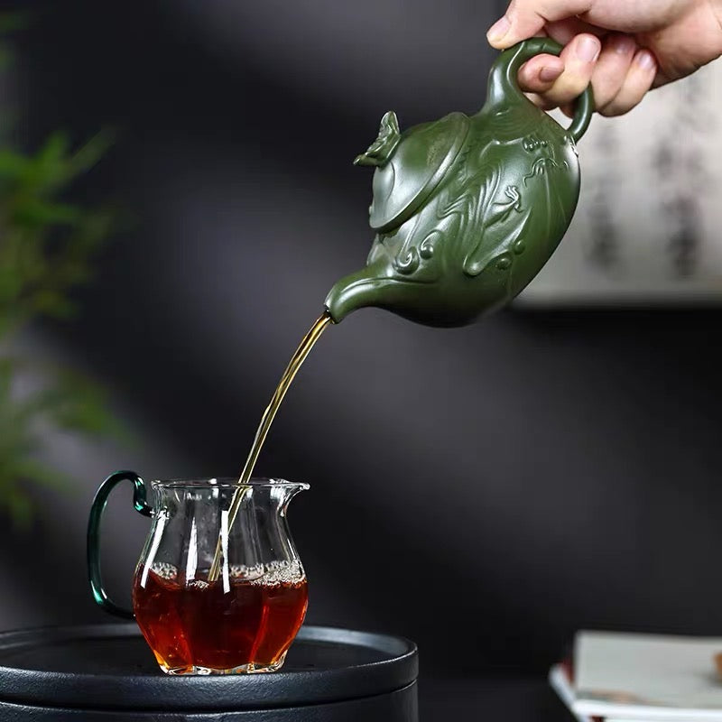 Yixing purple clay teapot pure handmade green mud fish design