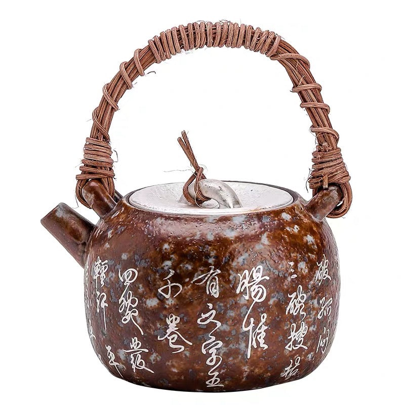Seven bowls of tea poems, silver vines and old pottery clay vintage teapot.