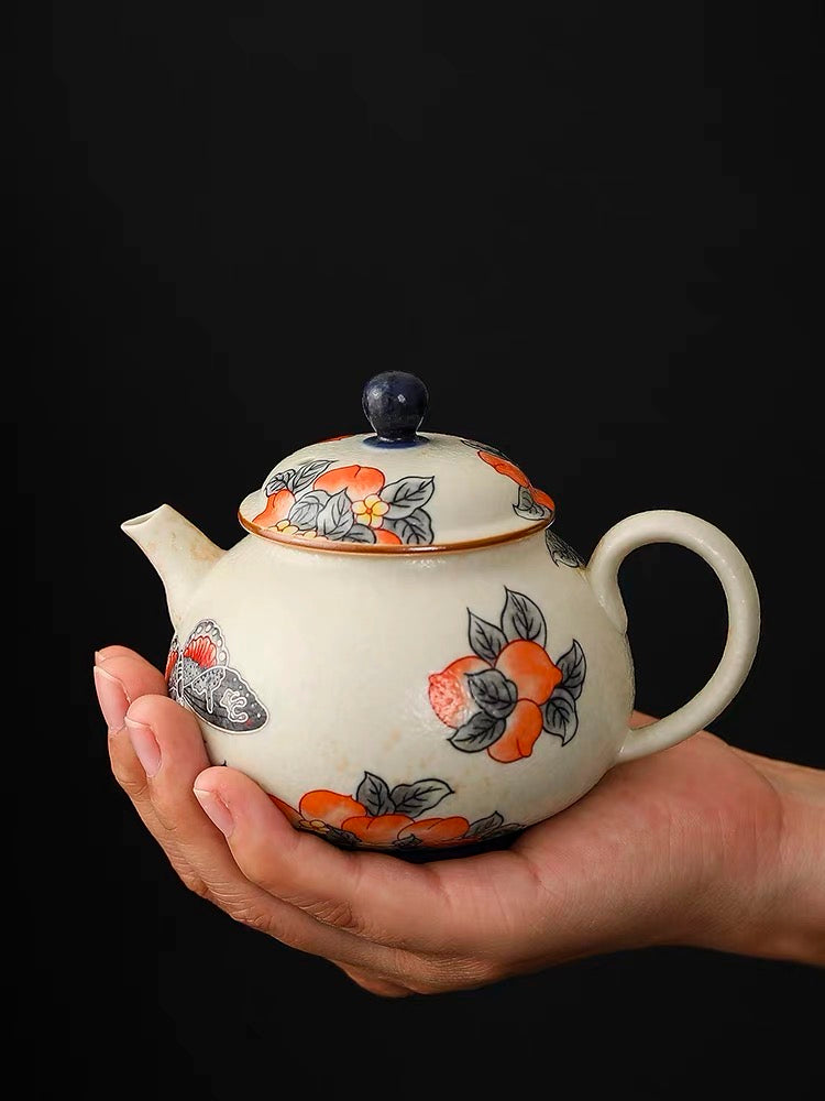 Bluestone glazed peach teapot retro ceramic single pot