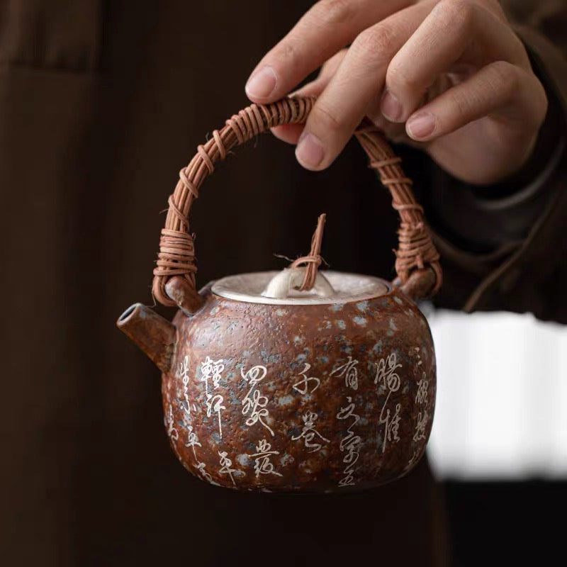 Seven bowls of tea poems, silver vines and old pottery clay vintage teapot.