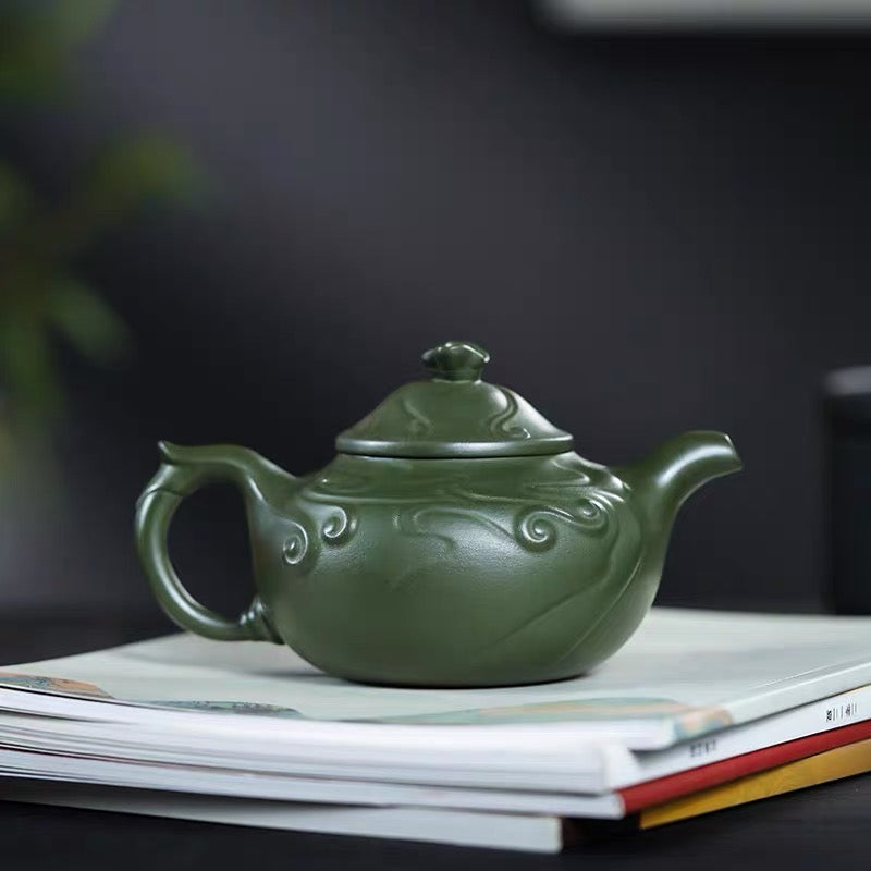 Yixing purple clay teapot pure handmade green mud fish design