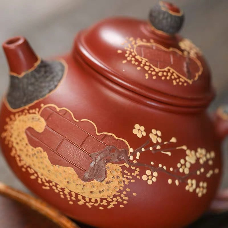 Yixing Zisha Pot Handmade Raw Ore Zhu Ni Dahongpao Mud Painted Plum Pile Capacity Pot