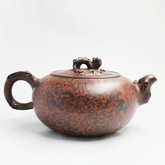 Squirrel and Grape Carved Clay Teapot