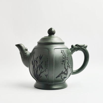 Hexagonal Palace Lantern Teapot in Dark Green Zisha Clay