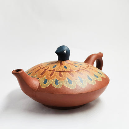 Vermilion Clay Peacock Spreading Its Tail Teapot