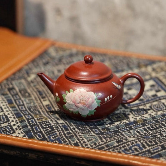 Peony flower Yixing yuankuang red porcelain handmade teapot