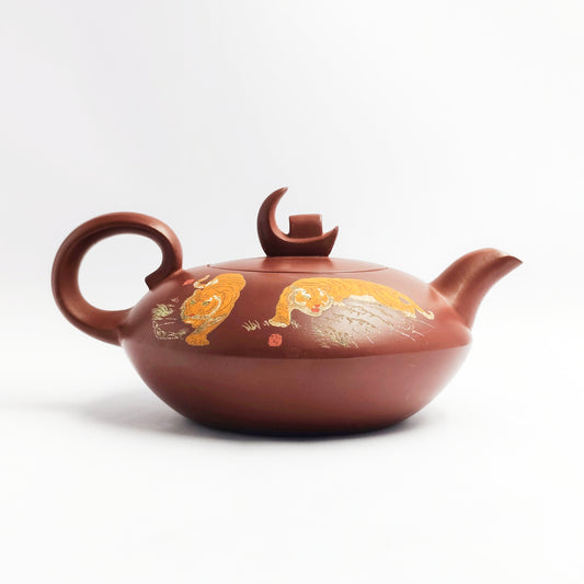 Flat Moon Zisha Teapot- Tigers Perched Over Mountains and Rivers