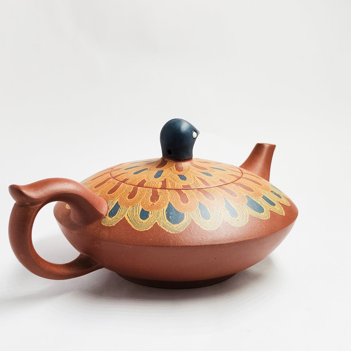 Vermilion Clay Peacock Spreading Its Tail Teapot