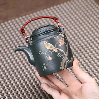 Pure handmade teapot Yixing raw ore green mud painting sketch Niugaiyang barrel pot