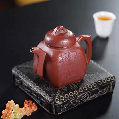 Yixing handmade red clay engraving and painting Fu Lin Bafang teapot
