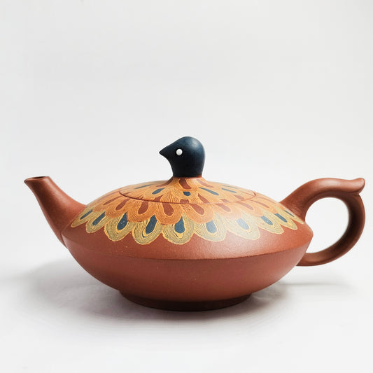Vermilion Clay Peacock Spreading Its Tail Teapot