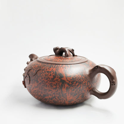 Squirrel and Grape Carved Clay Teapot
