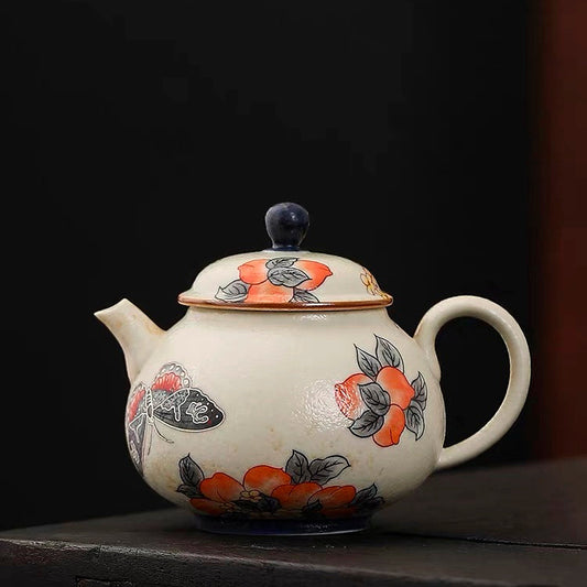Bluestone glazed peach teapot retro ceramic single pot