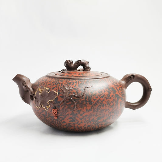 Squirrel and Grape Carved Clay Teapot