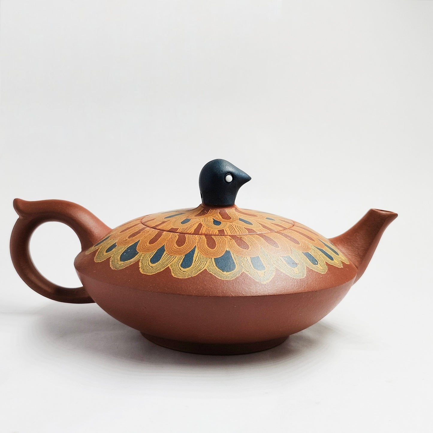 Vermilion Clay Peacock Spreading Its Tail Teapot