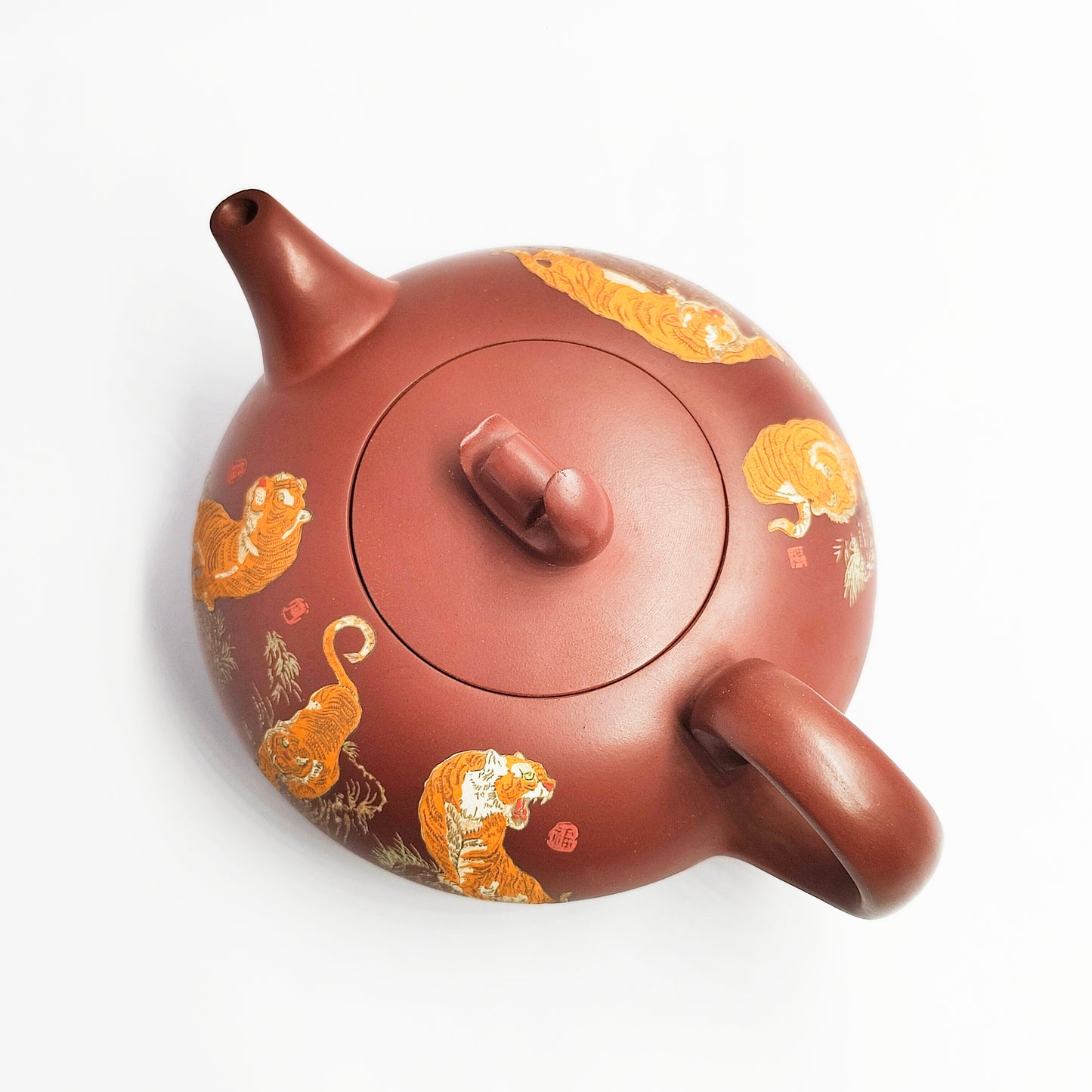Flat Moon Zisha Teapot- Tigers Perched Over Mountains and Rivers