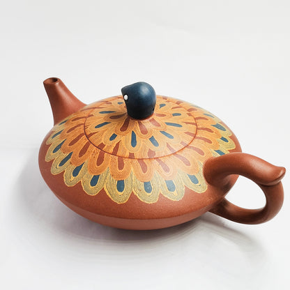 Vermilion Clay Peacock Spreading Its Tail Teapot