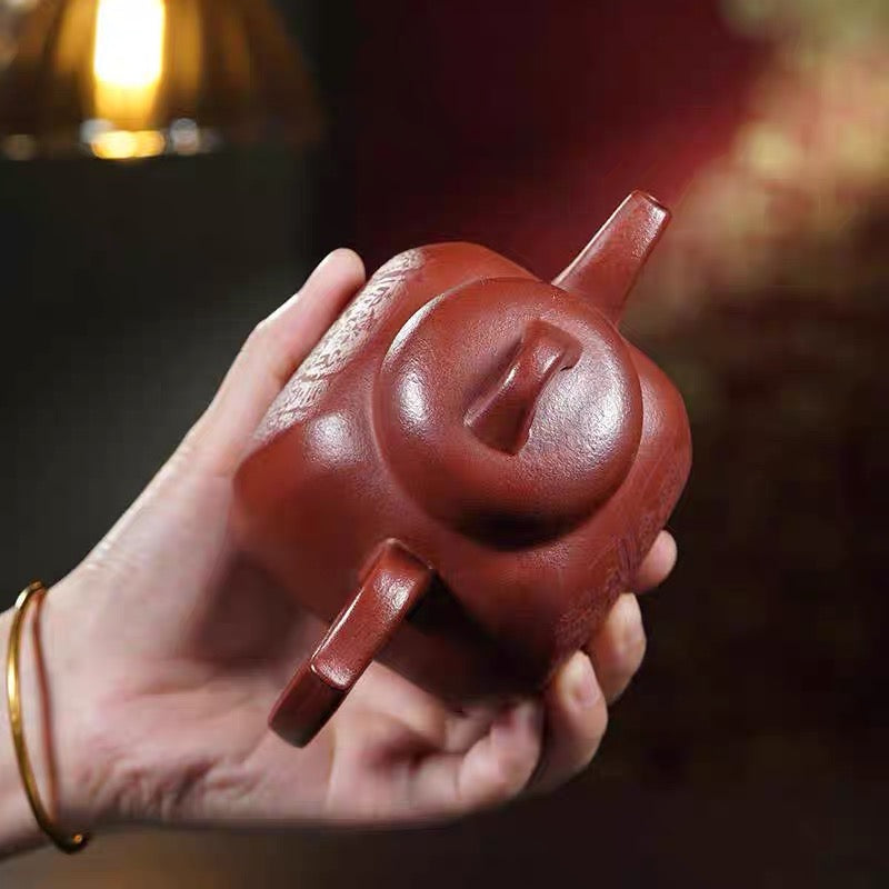 Yixing handmade red clay engraving and painting Fu Lin Bafang teapot
