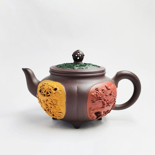 Purple Clay Multicolored Carved Four Seasons Teapot