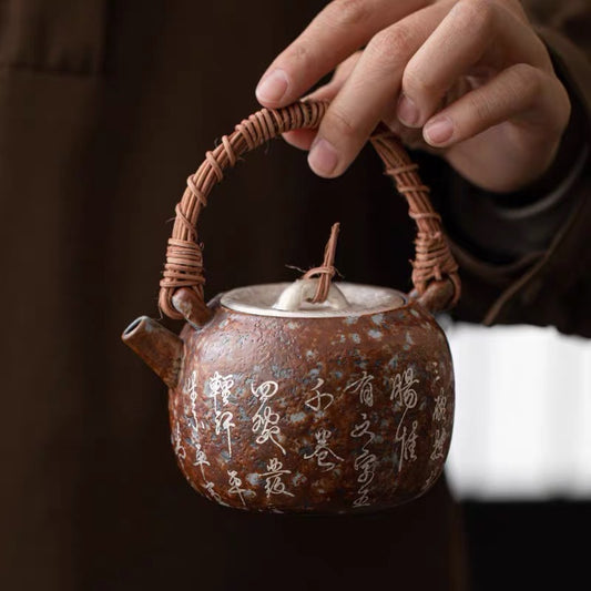 Seven bowls of tea poems, silver vines and old pottery clay vintage teapot.