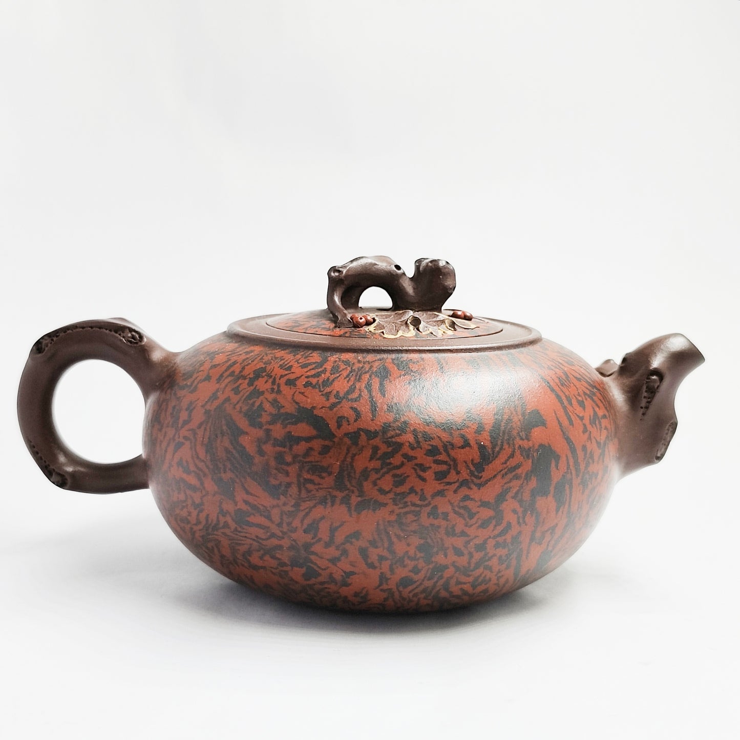 Squirrel and Grape Carved Clay Teapot