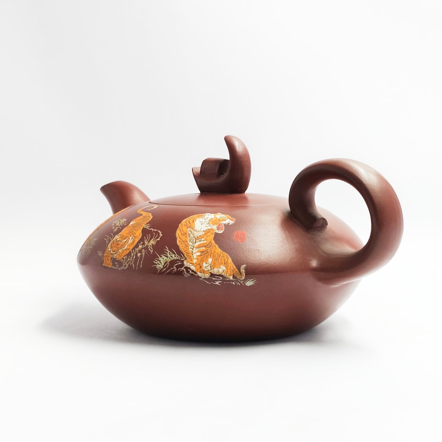 Flat Moon Zisha Teapot- Tigers Perched Over Mountains and Rivers