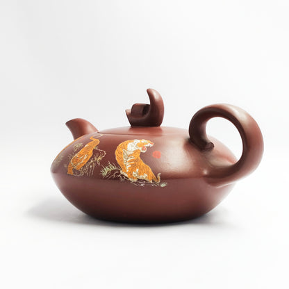 Flat Moon Zisha Teapot- Tigers Perched Over Mountains and Rivers