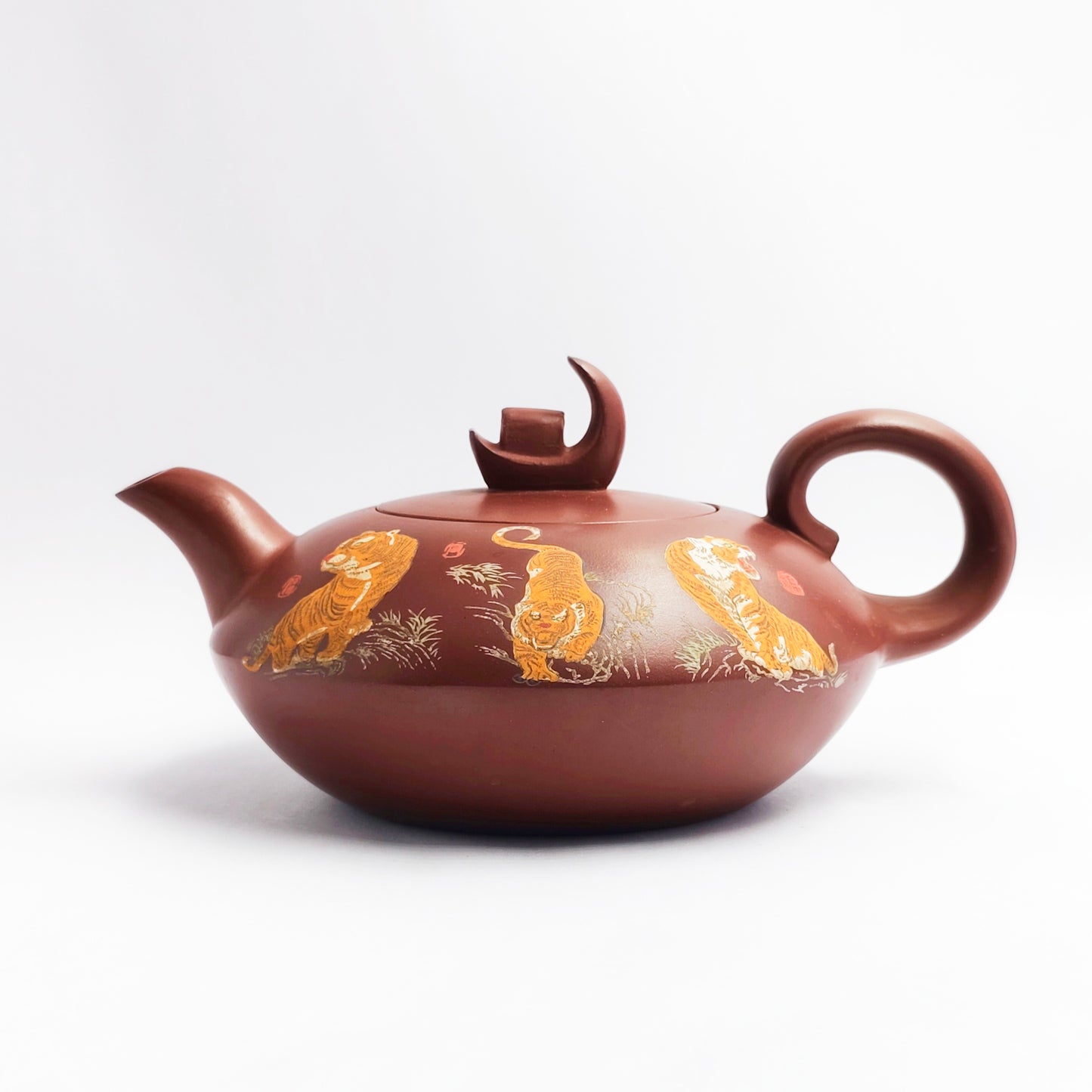 Flat Moon Zisha Teapot- Tigers Perched Over Mountains and Rivers