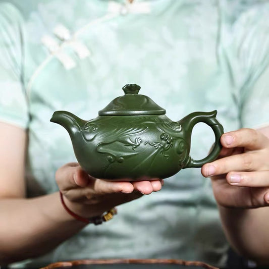 Yixing purple clay teapot pure handmade green mud fish design