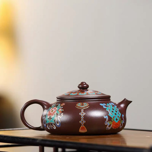 Yixing raw ore purple clay handmade teapot Jinxiu Hanjiang teapot enamel color