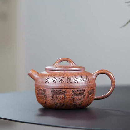 Carving Nezha Handuo Pot in the Clay of Yixing Zisha Pot Raw Mine by Hand-burning.